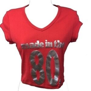 White Moon Made In The 80s Red Graphic Crop Top V Neck Short Sleeve Shirt Size M